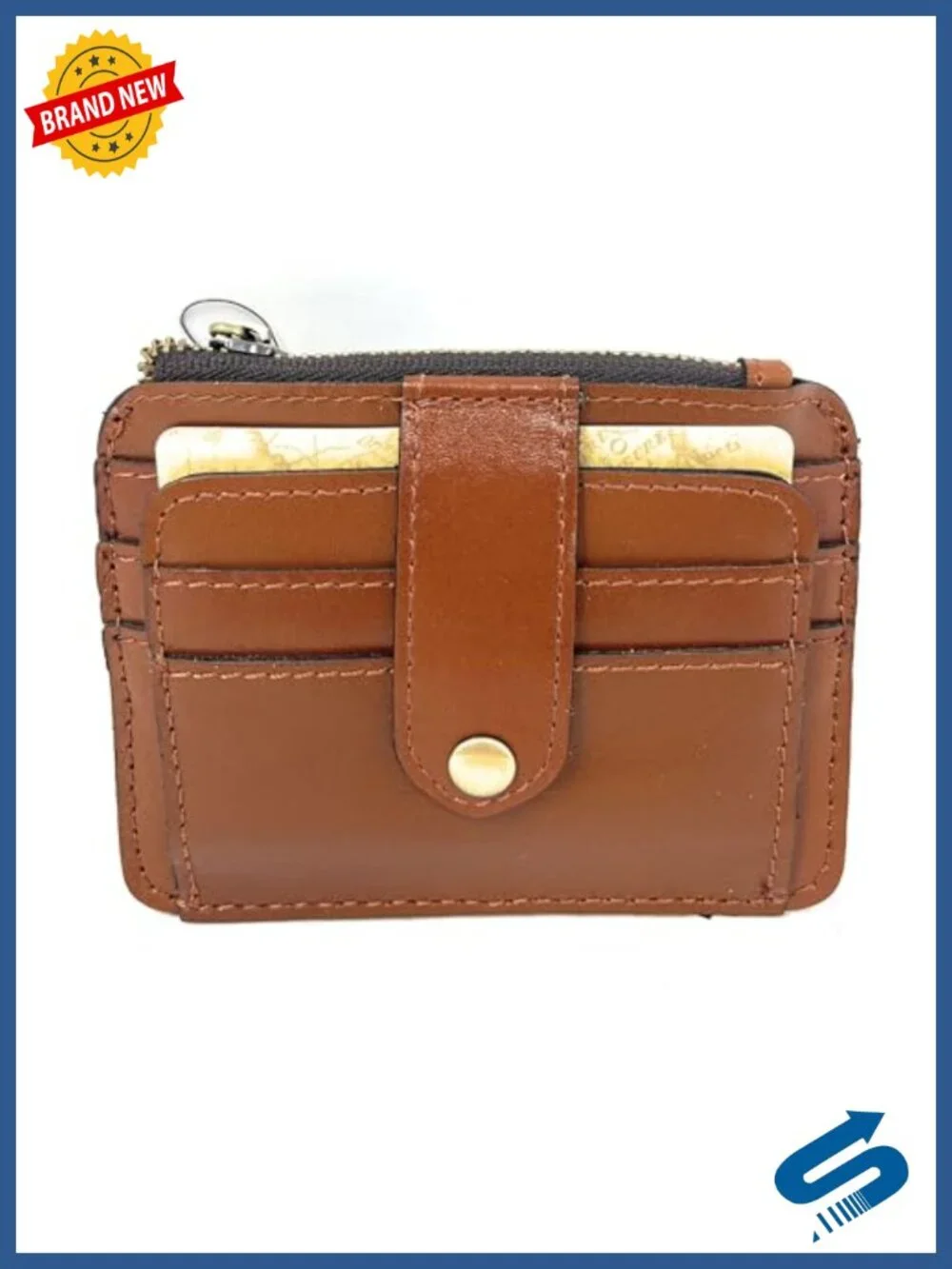 Genuine Leather ID Card Case Wallet with Credit Card Slots & Zip Pocket